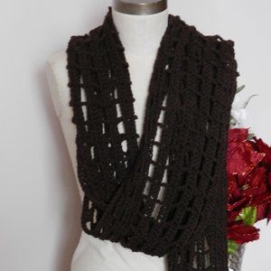 Hand Crocheted Long Lacy Dark Brown Scarf